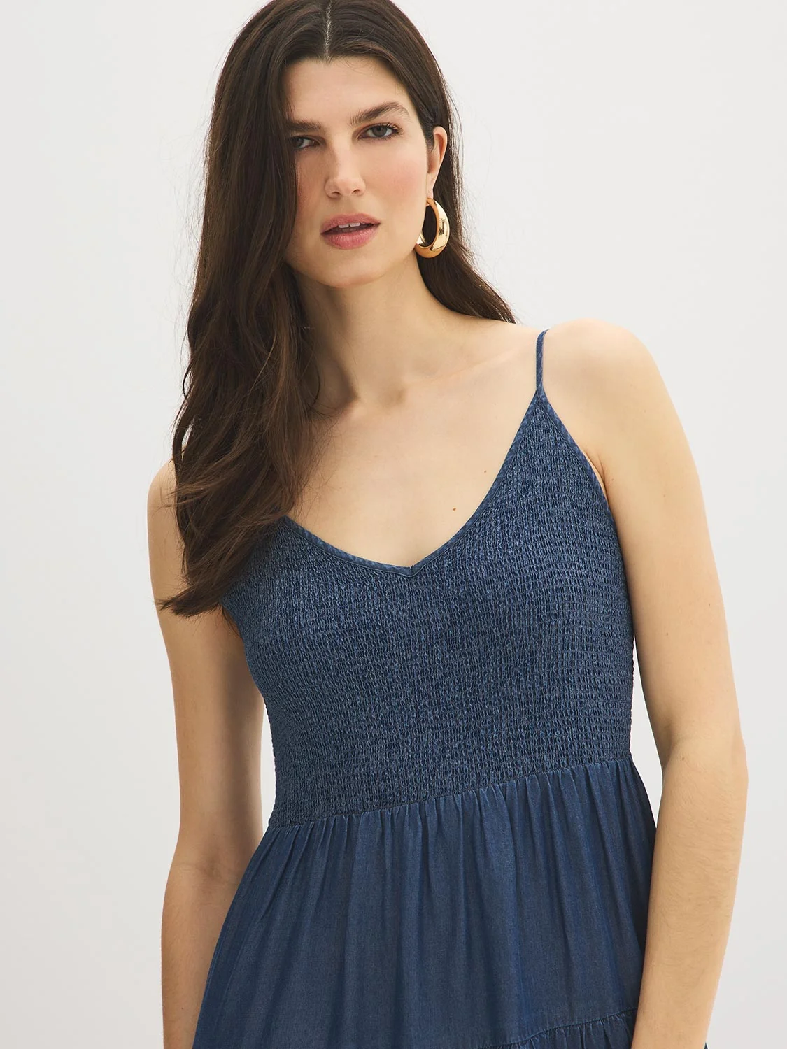 Smocked Tiered Denim Midi Dress