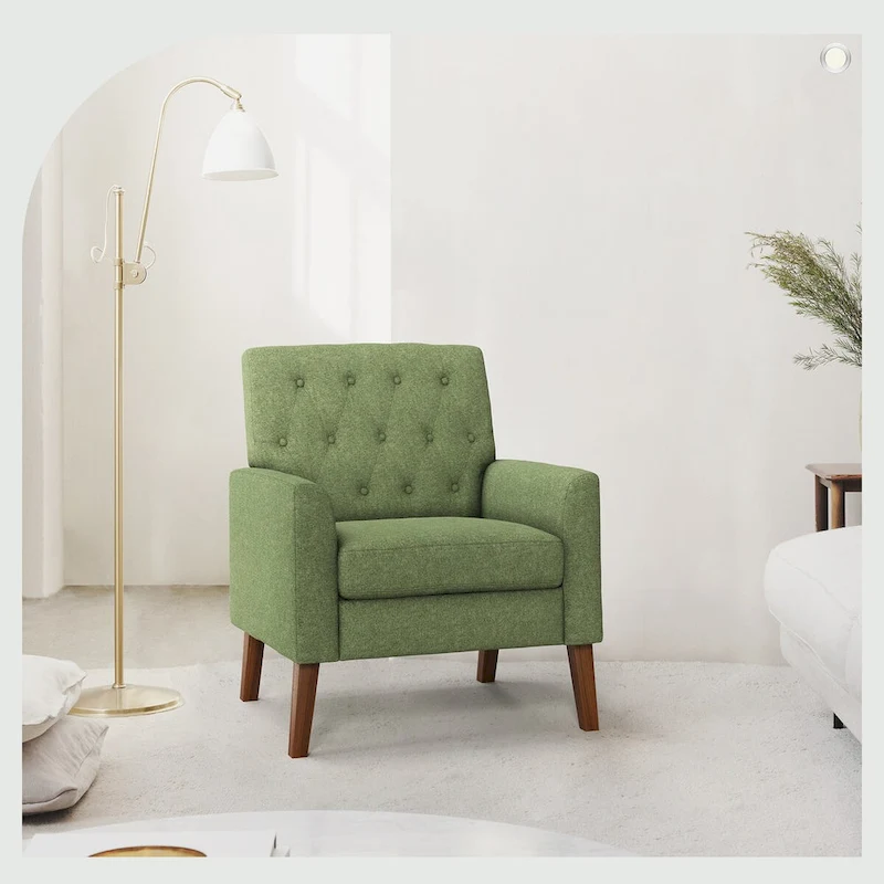 LUE BONA Linen and Walnut Legs Mid Century Modern Button Tufted Accent Chair - 29.53 H X 30 W X 33.07 D