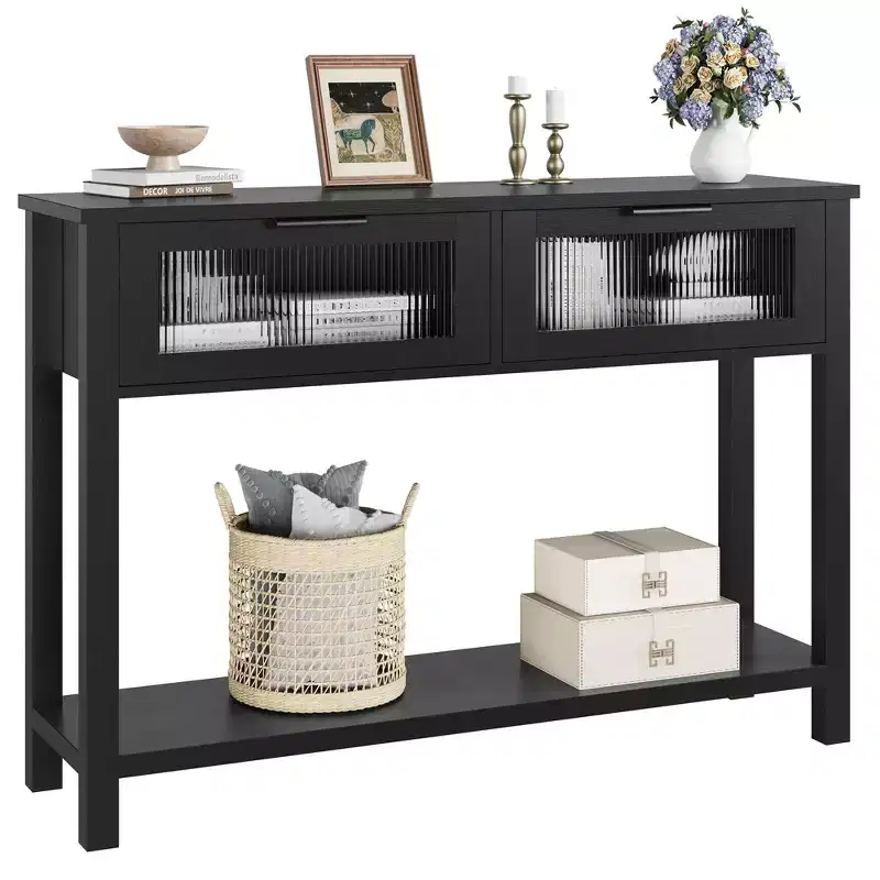 Acekool Rustic Farmhouse Console Table, 43 Wooden Sofa Table with 2 Glass-Front Drawers, 2-Tier Open Storage Shelf, Modern Accent for Hallway