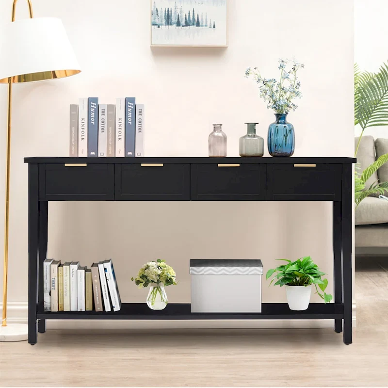 Modern Console Table with 4 Drawers, Narrow Long Sofa Table with Open Shelf, Entryway Wood Console Table with Storage