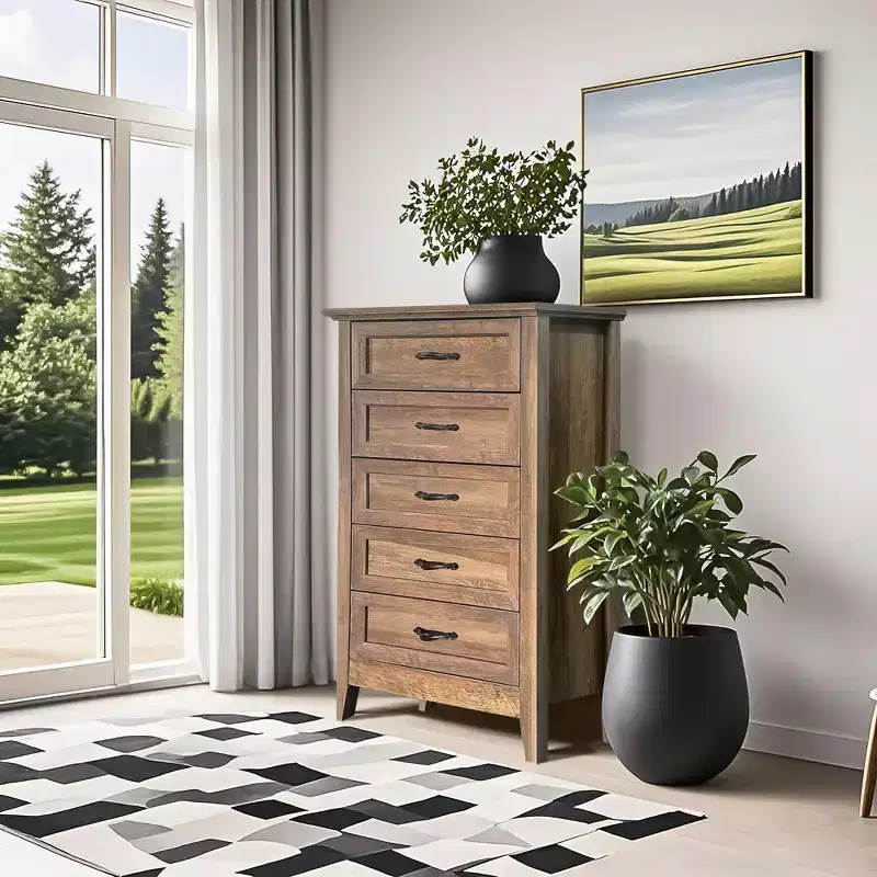 Farmhouse Dresser, Rustic Wood 5 Drawer Dresser for Closet, Tall Chest of Drawers with Metal Handles
