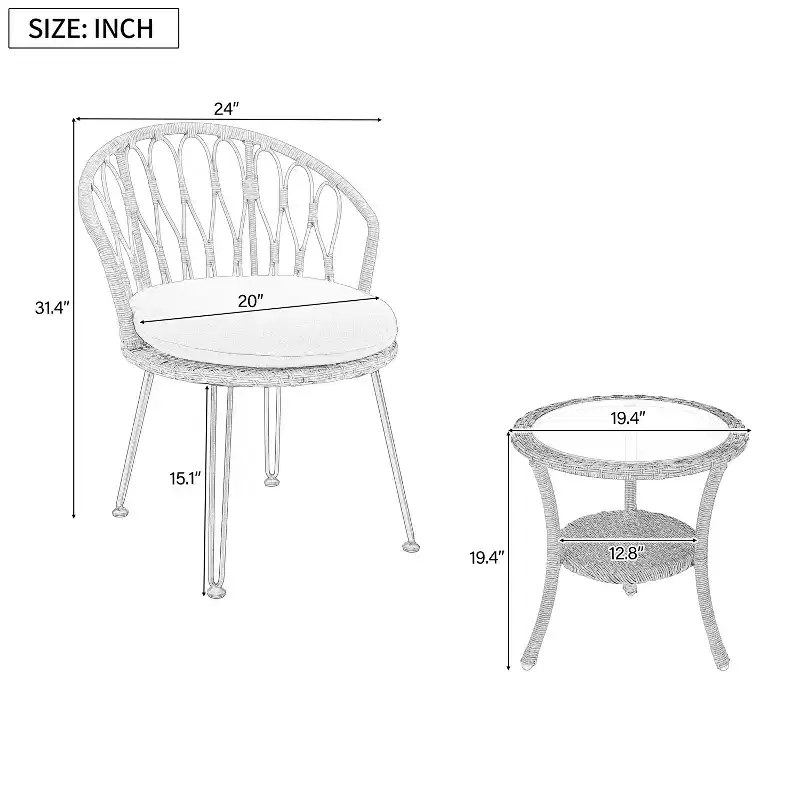 JVNOXK-Outdoor Leisure Set, 2 Rattan Single Chairs with A Glass Round Table, Perfectly Suited for Patios, Balconies, and Courtyards