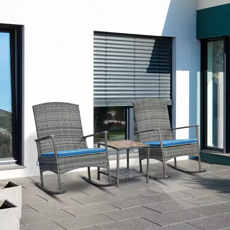 Outsunny 3 Pieces Outdoor PE Rattan Rocking Chair Set, Patio Wicker Recliner Rocker Chair with Soft Cushion & Nature Wood Top Coffee Table, for Garden Backyard Porch