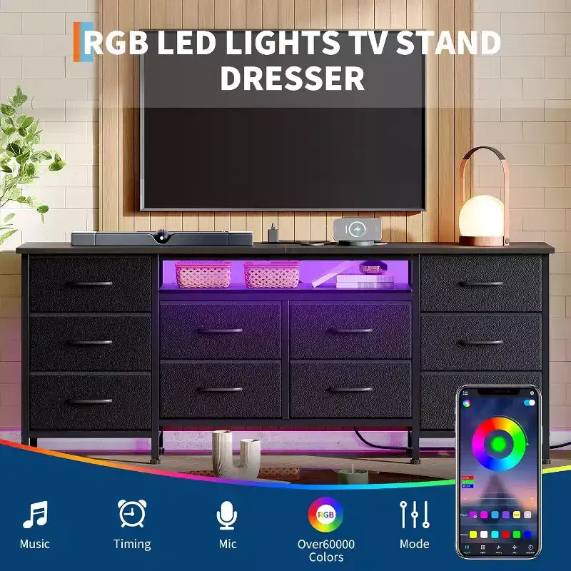 TV Stand for 65,70,75 In TV, 10 Drawer Long Dresser with Power Outlets and LED Lights, 63 Inch Entertainment Center TV Stand Dresser Storage Drawers