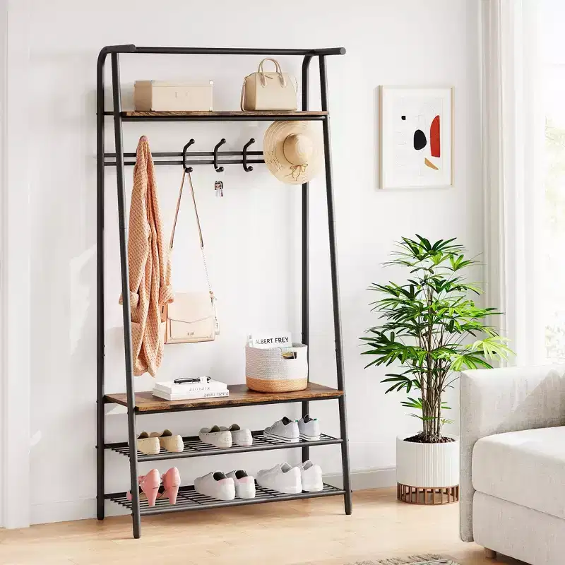 Coat Rack Shoe Bench with 5 Hooks, Entryway Hall Trees with Storage, Multifunctional 4-in-1 Hall Trees Shoe Bench