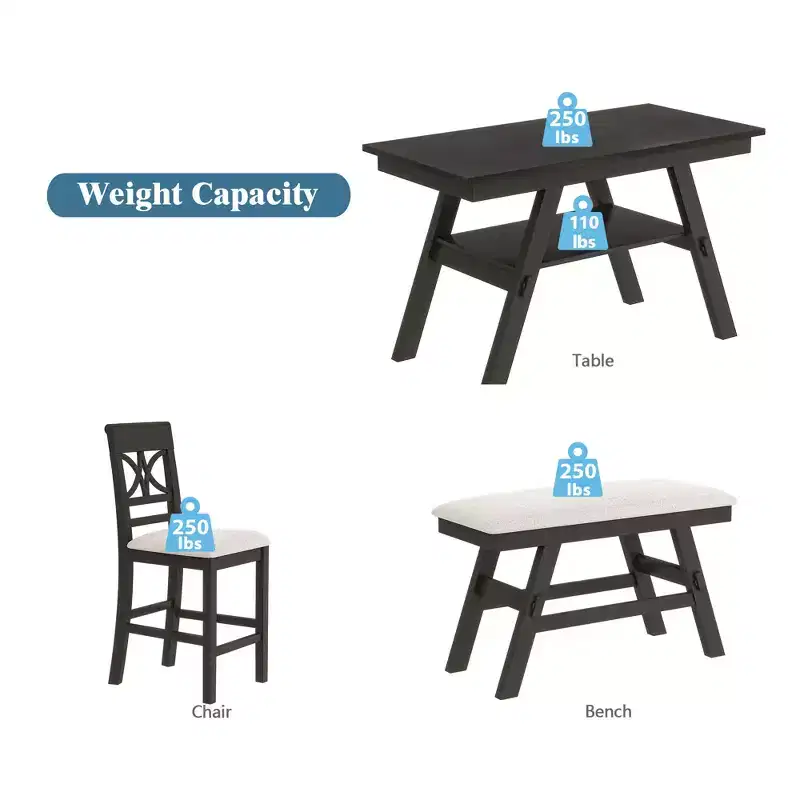 Whisen Rustic 6-Piece Counter Height Dining Table Set with Bench and 4 Upholstered Chairs