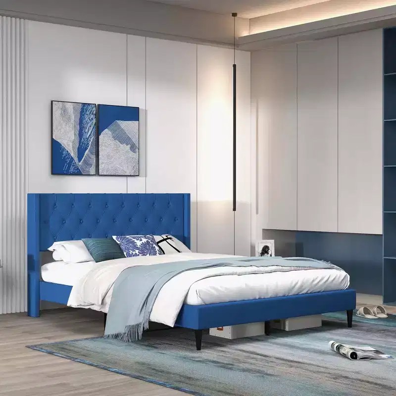Costway Queen Size Upholstered Platform Bed with Button Tufted Wingback Headboard Blue/Grey
