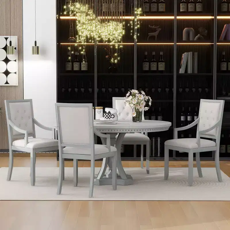 Farmhouse Round Dining Set for 4, Wood Kitchen Extendable Dining Table Set with 4 Upholstered Chairs