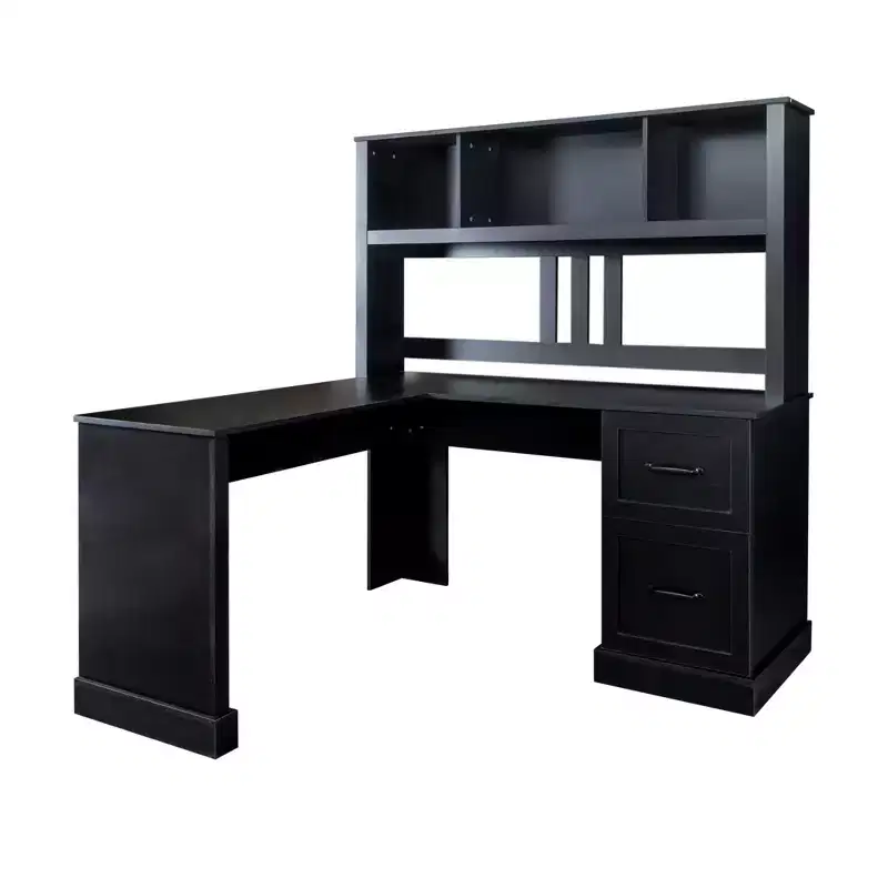 L-Shaped Computer Desk with Hutch and Drawers, Modern Home Office Corner Workstation, Black