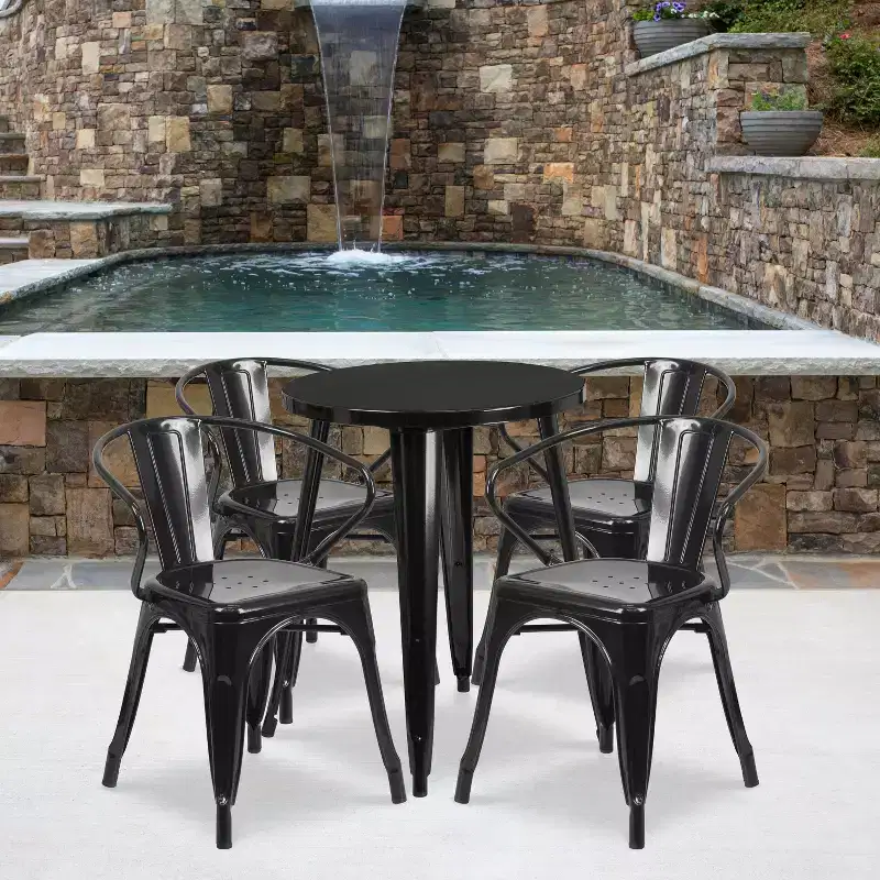 Emma and Oliver Commercial Grade 24 Round Metal Indoor-Outdoor Table Set with 4 Arm Chairs