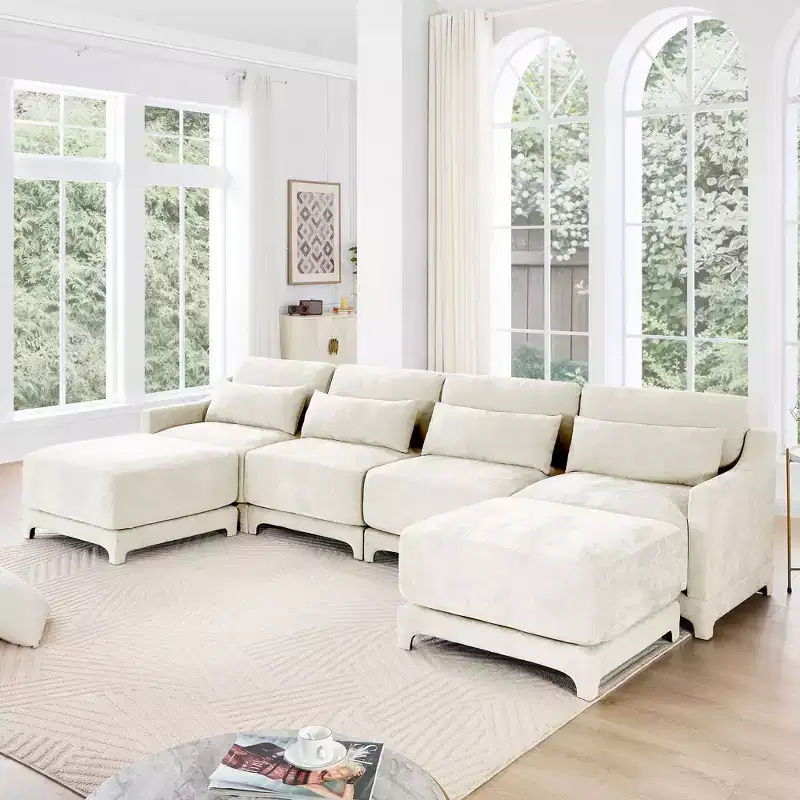 4-Seater Chenille Fabric Beige Sofa with 1 Movable Ottoman and Lumbar Pillow Solid Wood Frame High Resilient Sponge