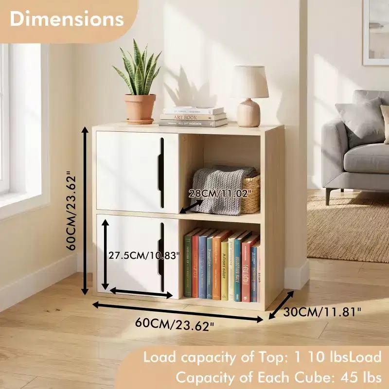 JVNOXK 2-Tier Wooden Storage Cabinet with Sliding Doors, Natural Wood & White Organizer for Living Room, Bedroom & Kids' Room