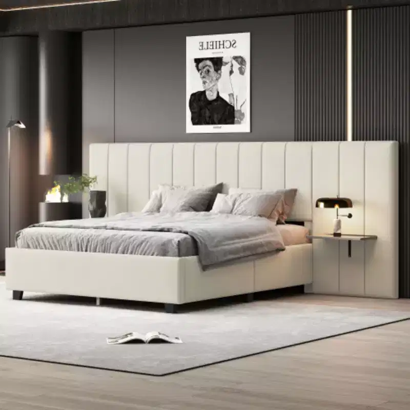 Queen Size Upholstered Platform Bed with Big Headboard, Bedroom Furniture
