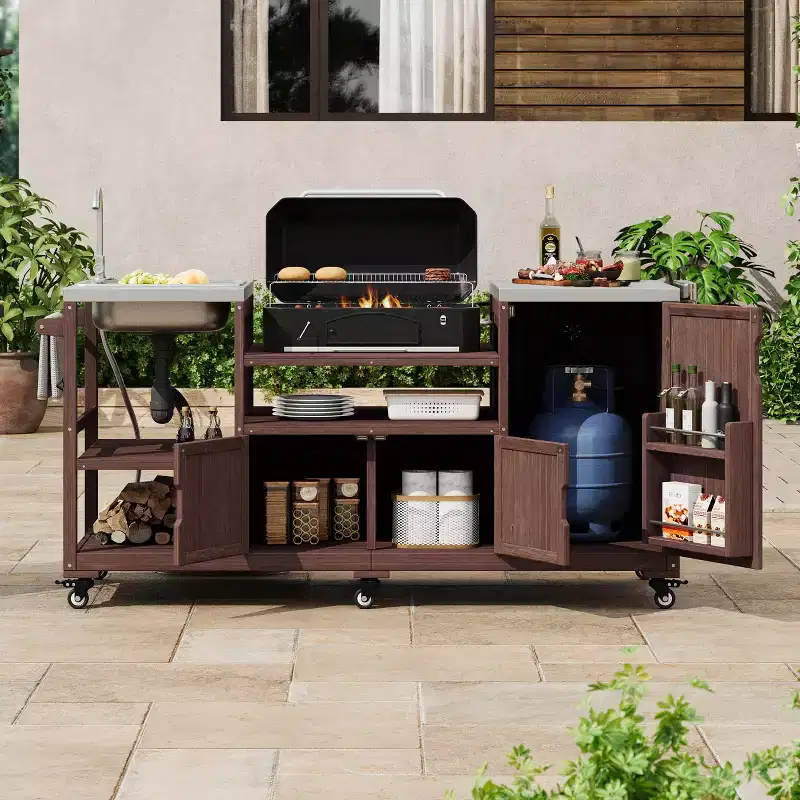 Outdoor Kitchen Island with Sink, Solid Wood Outdoor Grill Cart for XL Green Egg Grills, Rolling Outdoor Bar Cart with Stainless Steel Top