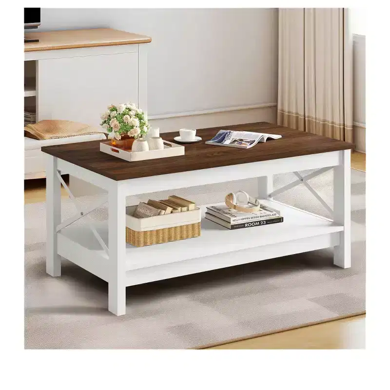 Farmhouse Coffee Table With Storage Wood 2 Tier Center Cocktail Table Living Room, White