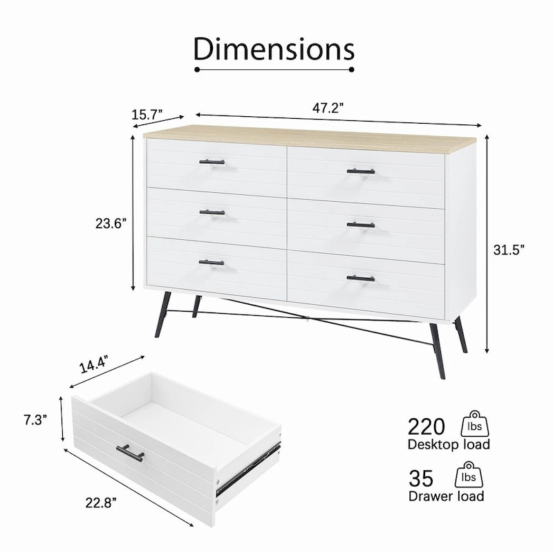 47.2W Modern Bedroom with Deep 6 Drawers - N/A