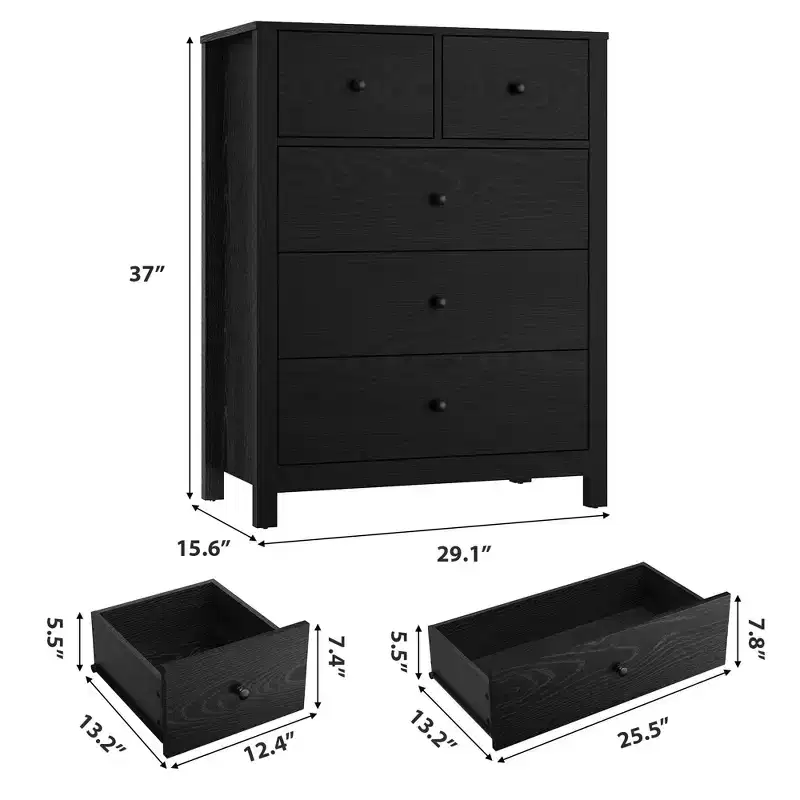 5-Drawer Dresser - 55 Tall Modern Wooden Storage Organizer with Anti-Tip Design for Bedroom, Living Room, Entryway, Hallway & Home Office