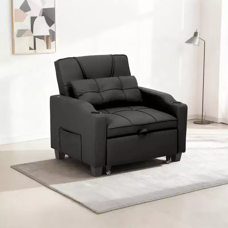 Convertible Reclining Sofa Bed with Vibration Massage Lumbar Pillow, Multi-Function PU Leather Sofa Chair, Chaise Lounge