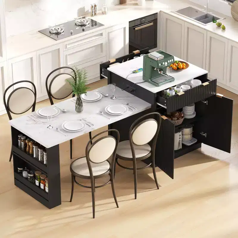 82.6 inch White Fluted Kitchen Island with Extendable Dining Table for 4-6 Kitchen Island Table for Kitchen Dining Room