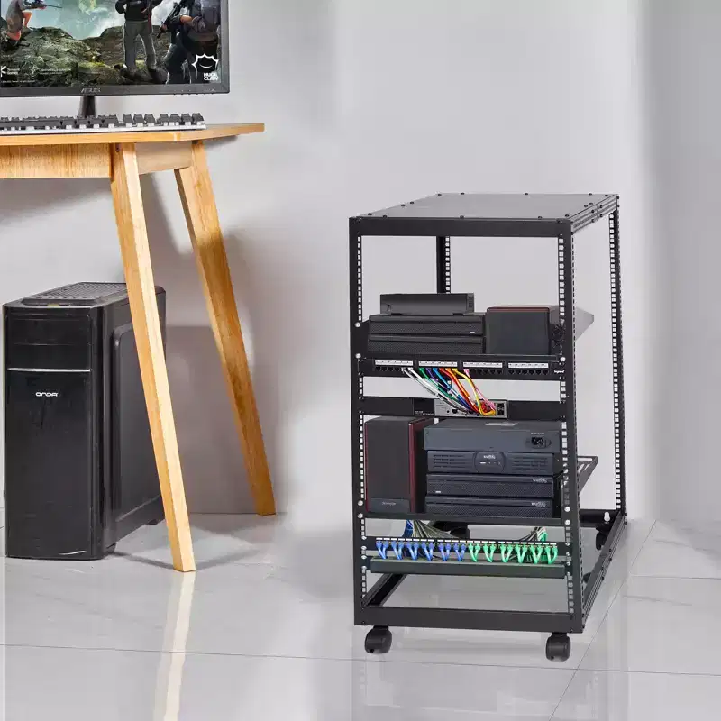 20U Server Cabinet Open Structure Network Housing Wall-Mountable with 2 Perforated Shelves & 4 Wheels Depth Adjustable 23