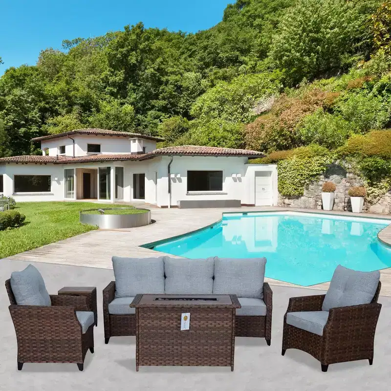 Courtyard Casual Costa Mesa 5 pc Sofa Set - Brown One Sofa, Two Club Chairs, One End Table, & One Fire Pit frame with solution dyed Poly fabric