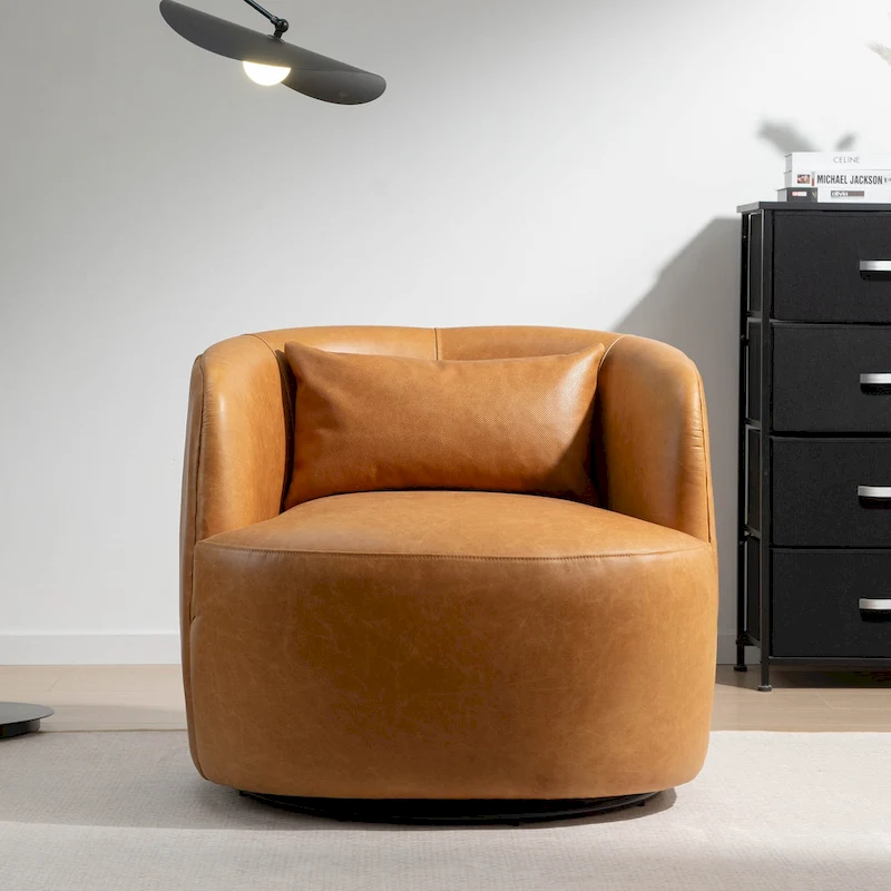 KINWELL Modern Top Grain Genuine Leather Swivel Armchair with Pillow