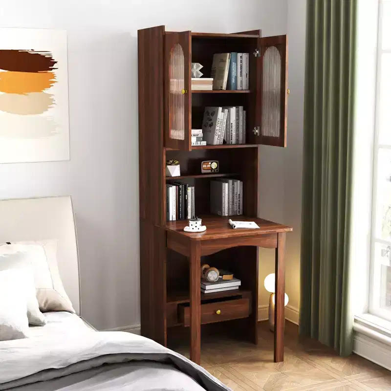 Okak 70.87IN Folding Table with Bookshelf, Standing Desk with 4 Shelves, 1 Drawer and 2 Glass Doors, Writing Desk for Study, Reading Room