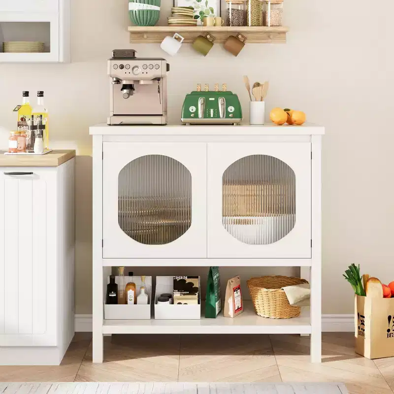Farmhouse Coffee Bar Station with 2-Door Cabinet & Open Shelf – Kitchen & Entryway Storage