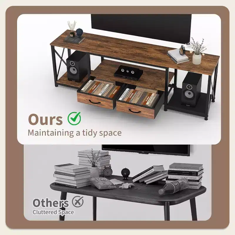 Wood & Fabric TV Console Table with Open Shelves and Drawers