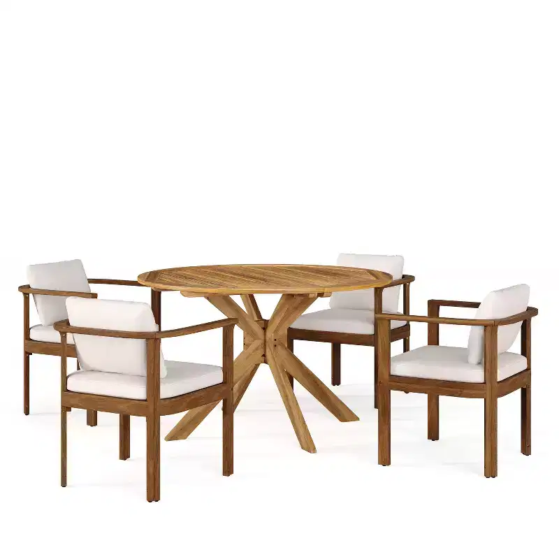 Christopher Knight Home Everett Patio 5-Piece Rustic Acacia Wood Outdoor Round Dining Set with Cushioned Dining Chairs