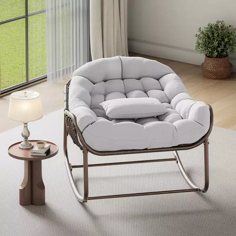 Oversized Outdoor Papasan Rocking Chair  Ergonomic Design Durable Wicker, Weather-Resistant Cushion Supports Up to 450 lbs