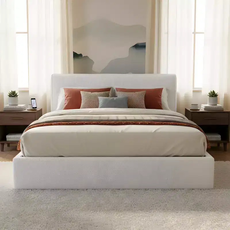 Boucle Upholstered Ergonomic Platform Bed, Rubberwood Frame, 800LBS Capacity