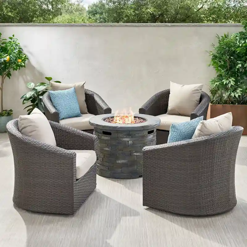 Glenwood Outdoor 5-piece Wicker Aluminum Fire Pit Swivel Chat Set with Cushion by Christopher Knight Home