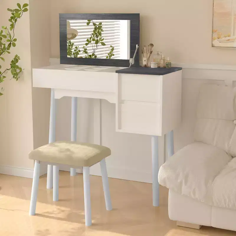 Okak Vanity Desk with Flip Top Mirror and Padding Stool, Makeup Vanity with 2 Drawers amd 8 Storage Compartments, Dressing Table for Home, White