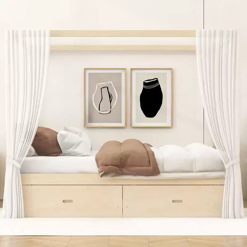 Zeus & Ruta Wooden Canopy Bed with Storage Drawers