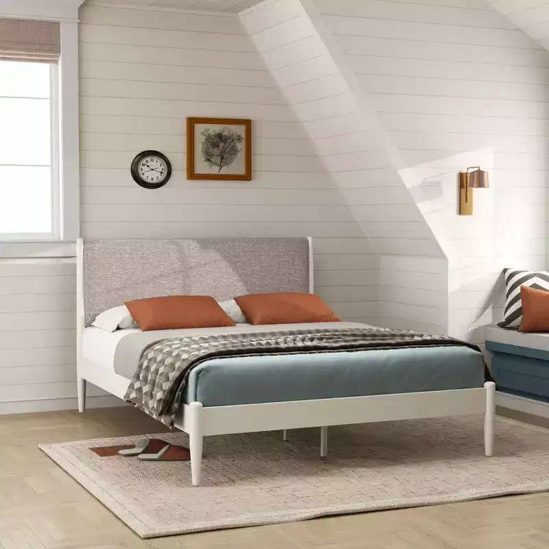Rubberwood Platform Bed, Cream White, Queen