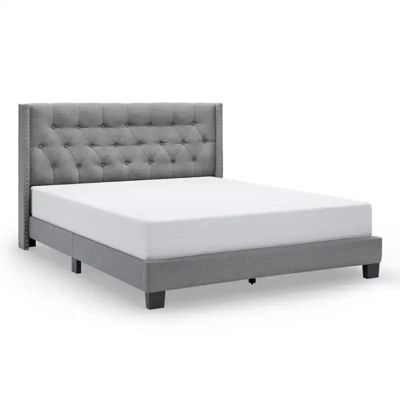 Tufted Wingback Upholstered Platform Bed with Linen Fabric, Full/Queen