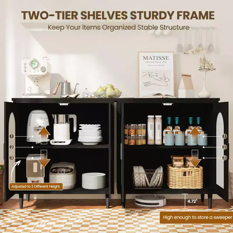 TROPOW Buffet Kitchen Storage Cabinet with Rattan, Solid Wood Feet for Living Room, Hallway, Entryway