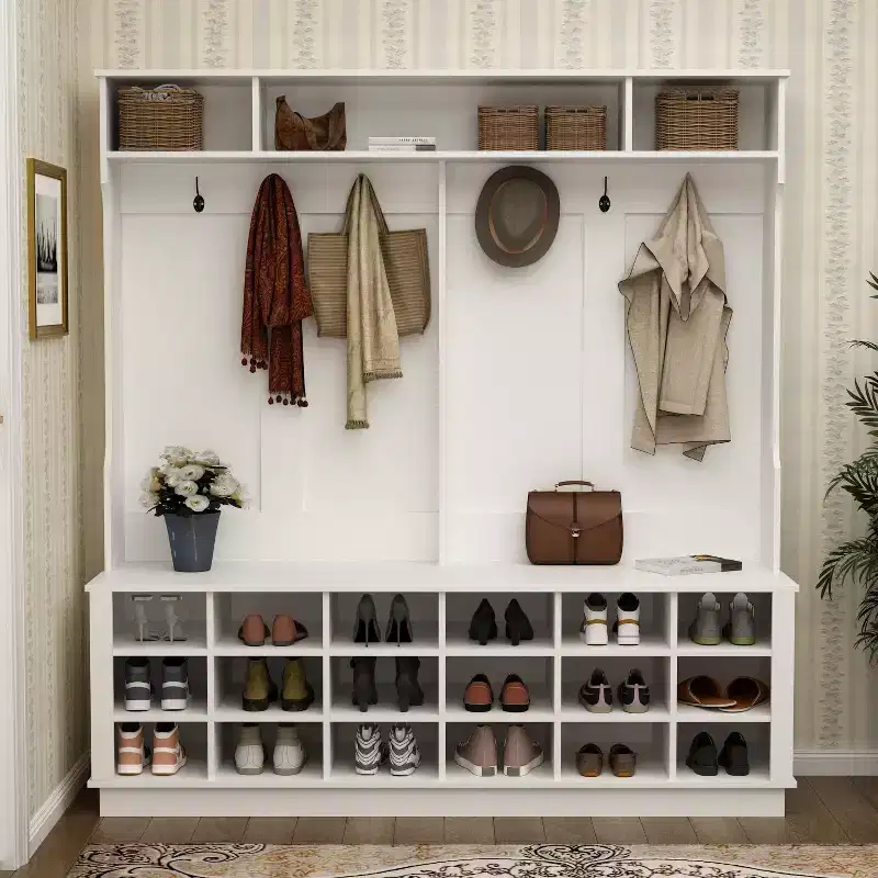 Famapy White 63W 18 Shoe Cubbies Wide Hall Tree With Hooks