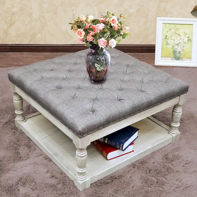 Button-Tufted Linen Ottoman with Lower Shelf – Light Gray / Blue / Dark Gray / Cream / Gray, 1-Person Use