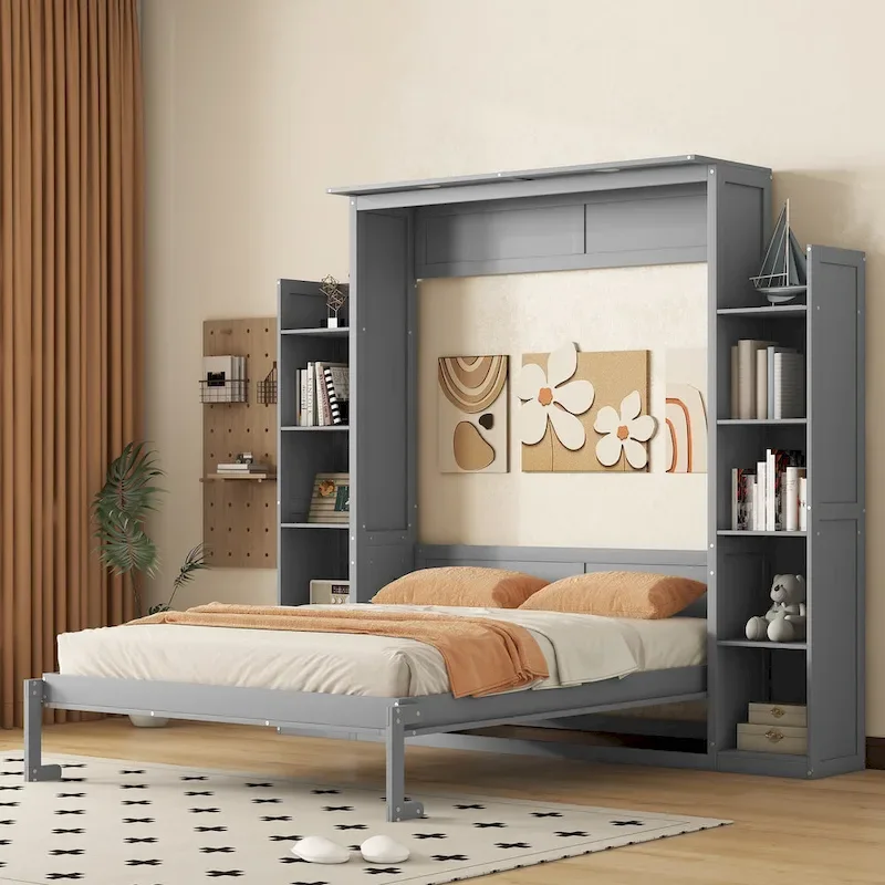 Queen Size Murphy Bed – Grey, MDF & Plywood, Shelves & LED Lights, Sleeps 1