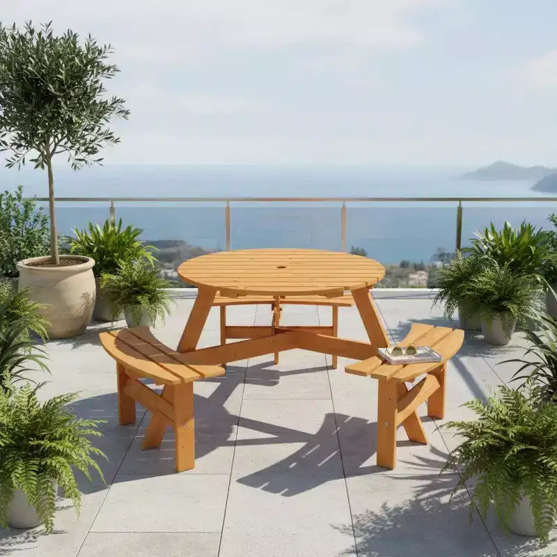 Gymax 6-Person Outdoor Round Picnic Table Set w/ 3 Built-in Benches & 2 Umbrella Hole for Patio Lawn Garden Brown/Yellow