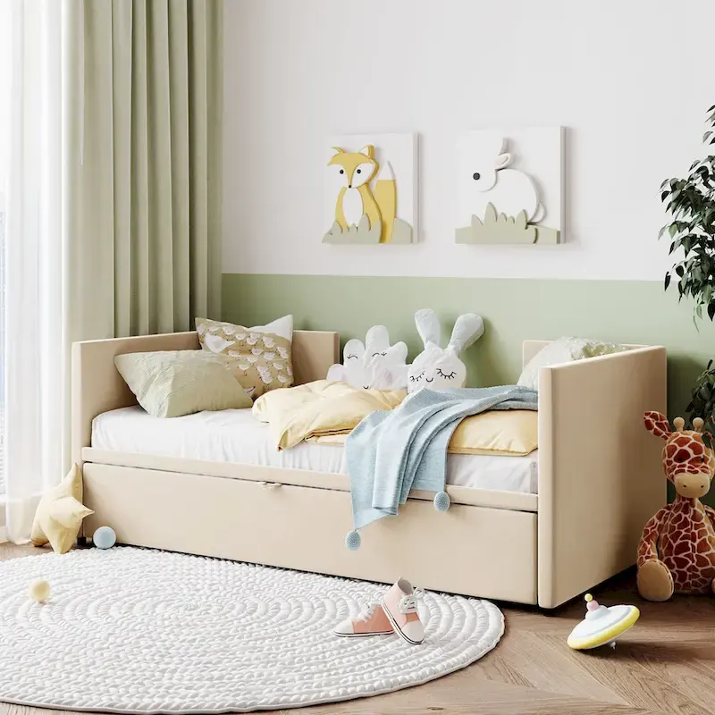 Beige Upholstered Twin Daybed with Pop-Up Trundle