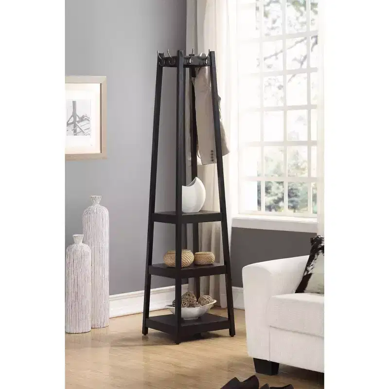 Roundhill Furniture Vassen Coat Rack w/ 3-Tier Storage Shelves - Black Finish