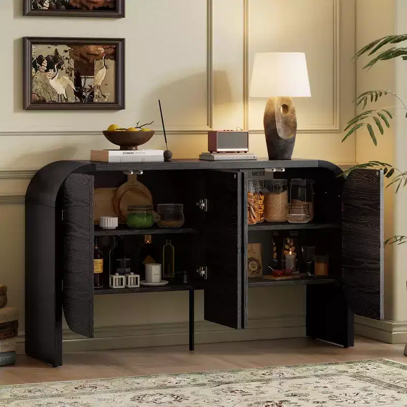 Retro 4-Door Buffet Cabinet with Rounded Corners and Adjustable Shelves, Black