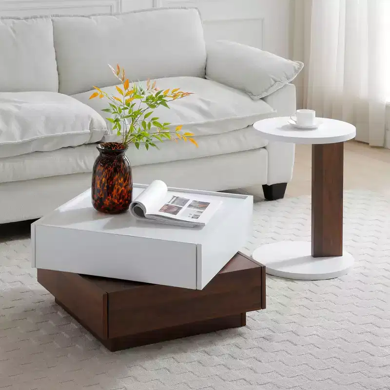 C-Shaped End Table with Round Tabletop, White & Walnut MDF, Sofa Side Table