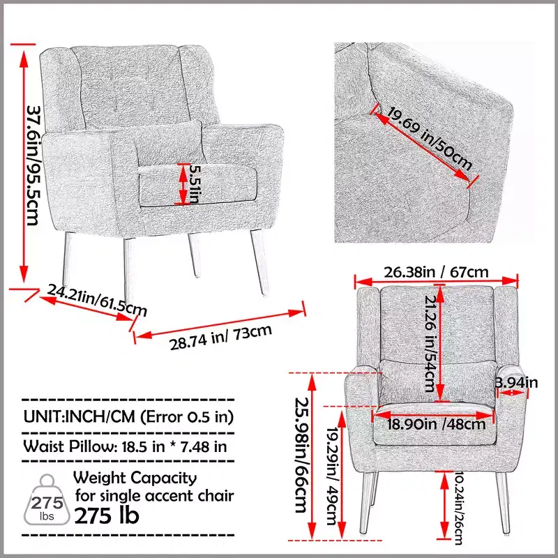 37.6 Tall Modern Accent Chair, Upholstered Foam Filled Reading Chairs With Cushion And High Backrest, Chenille Fabric Lounge Tufted Armchair