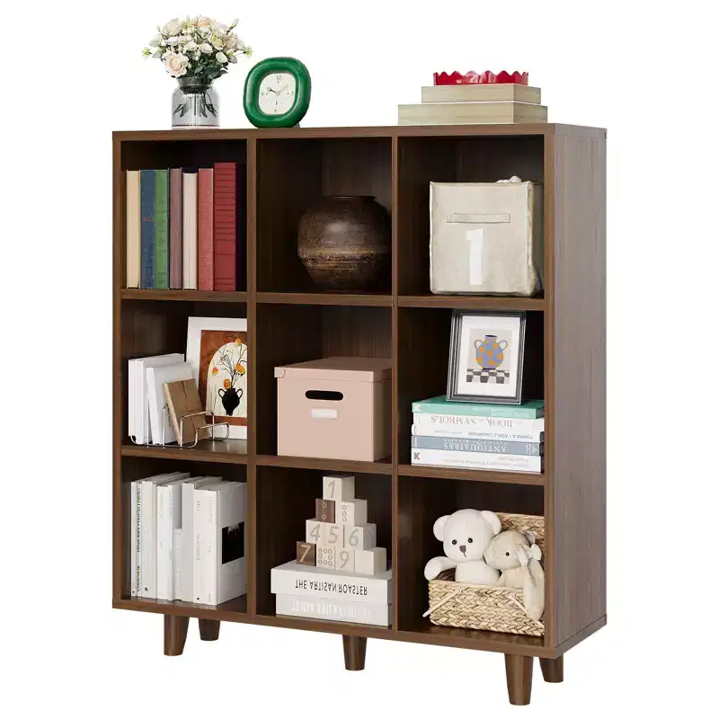 9-Cube Mid-Century Modern Bookshelf, Retro Brown with Anti-Tip Legs