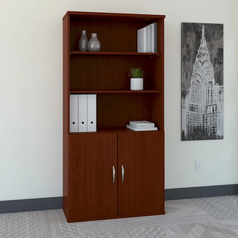 36W 5-Shelf Bookcase with Doors – Enclosed Office Storage Cabinet for Home or Business