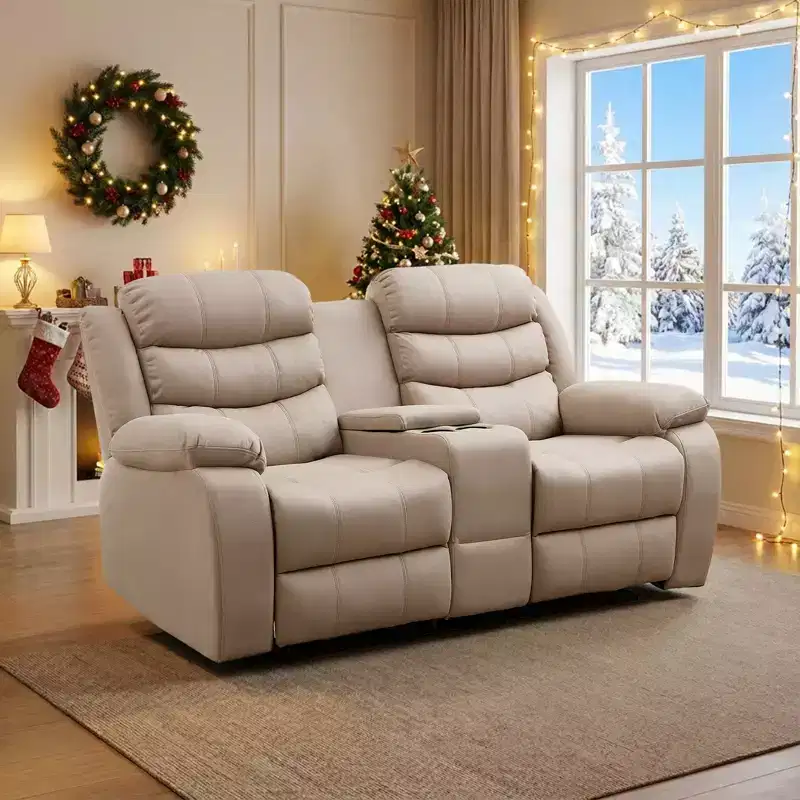 Beige/Gray Tech Fabric Reclining Loveseat Sofa, 2-Seat, Adjustable Backrest & Footrest
